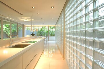 Brightly lit kitchen design with white cabinetry, glass backsplash & patio view