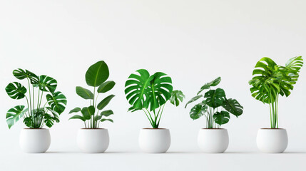 A collection of mini indoor plants, including Monstera, on a white background, AI generative..