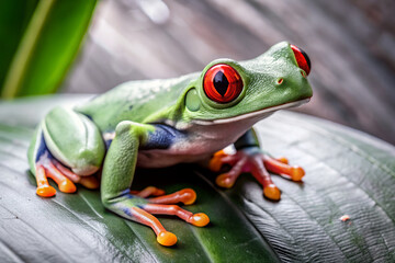 Red-eyed tree frog closeup on green leaves, Red-eyed tree frog (Agalychnis callidryas) closeup, Exotic animal of rain forest