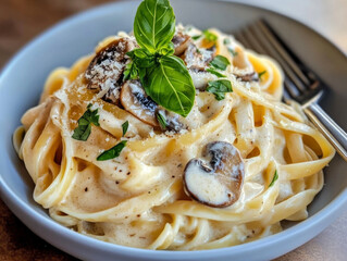 A gourmet plant-based pasta dish with mushroom cream sauce, garnished with fresh herbs and parmesan.