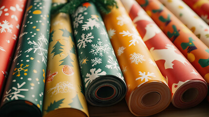 Wall Mural - close up Color papers for wrapping gifts with festive designs for christmas holiday background.