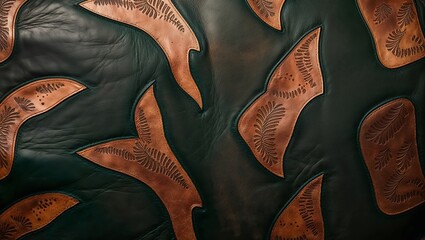 Canvas Print - Close-up of a green leather surface with brown leather accents featuring a leaf pattern.