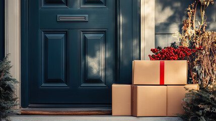 Delivered parcels to door of the house. Moving with cardboard boxes. Fast delivery service concept. Express shipping. gift holiday season.