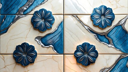 Canvas Print - Intricate blue flowers adorn a tile wall with a marbled background.