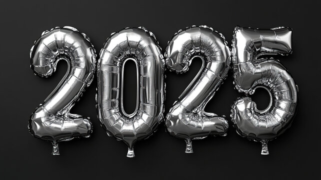 Happy New 2025 Year. Realistic 3d silver helium balloon numbers. Vector