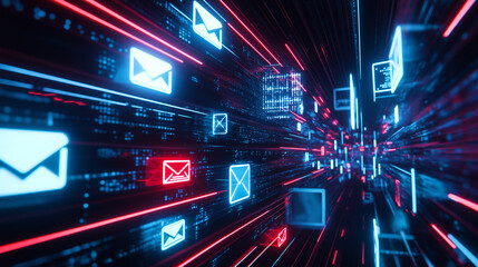 Neon email icons floating in a digital, high-tech matrix of glowing lines and data.