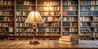 © janya - Wooden table with books and a lamp against a blurry library background, wooden table, books, lamp, library, study