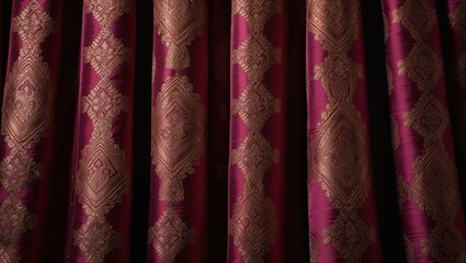 Poster - Close-up of rich, burgundy curtains with intricate gold embroidery.