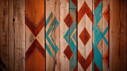 Canvas Print - A rustic wooden wall with a painted geometric pattern in shades of blue, red, and white.