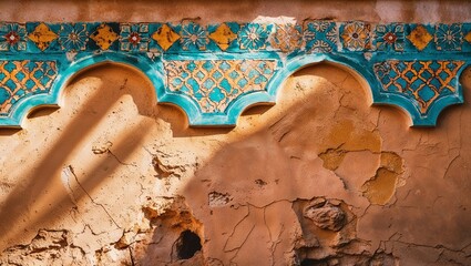 Sticker - Intricate tile work adorns a weathered, terracotta wall.