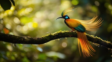 Canvas Print - Golden Bird Perched on a Branch with a Blurred Green Background