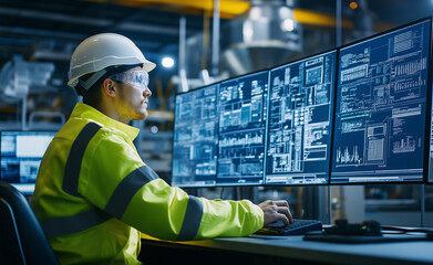 A factory worker monitoring multiple screens filled with data in an industrial control room.