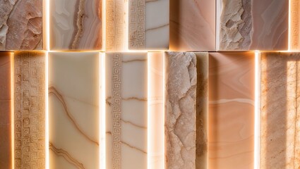 Poster - Close-up of a wall with various shades of light brown and white marble, illuminated with backlighting.