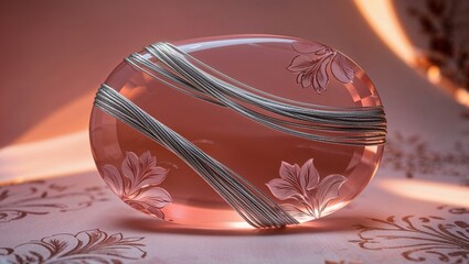 Sticker - A close-up of a pink glass orb with a silver wire design.