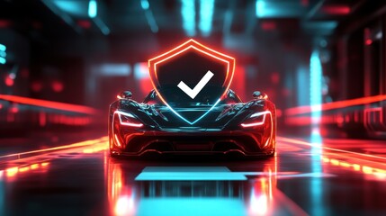 Canvas Print - Cyberpunk Car with Checkmark Shield