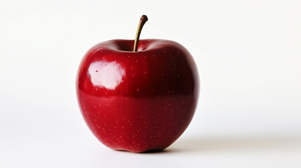 A vibrant red apple with water droplets on its skin against a white background. 