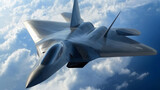 A sleek modern fighter jet flying through the clouds at high altitude.