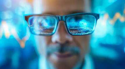 Poster - Amidst a modern tech conference, a focused individual examines digital data on a screen through advanced glasses while colorful graphs reflect in the lenses, embodying the future of analytics
