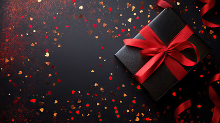 Wall Mural - top view flat lay stylish giftbox with red ribbon bow and confetti on black background with empty space for christmas, black friday.