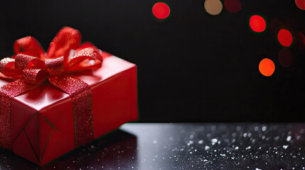 Wall Mural - Festive christmas red gift box with ribbon and bow on table against bokeh lights and dark background with copy space for black friday banner.