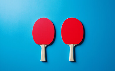 Two red ping pong paddles on a blue background