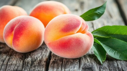 Poster - Close-up of ripe, juicy peaches with soft fuzzy skin, resting on a rustic wooden table with morning sunlight highlighting their vibrant pink-orange hue