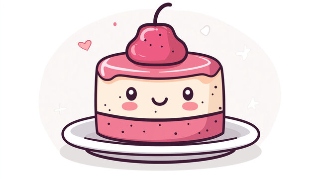 A cute cake on a white background with contour lines, flat colors, and an anime art style