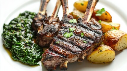 Sticker - Grilled lamb steaks served with a side of spinach and roasted potatoes, drizzled with a flavorful mint sauce for a classic meal