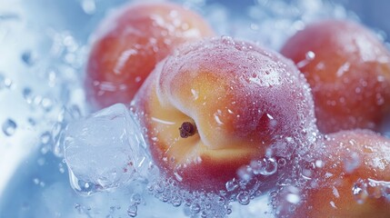 Peaches floating in a bowl of water with ice cubes, keeping them fresh and cool for a refreshing summer display