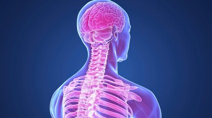 Aufkleber - Rendered Medical Illustration of the Human Upper Body with Focus on Brain and Spine