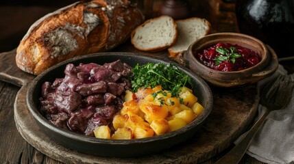 Poster - reindeer meat served with a side of buttered vegetables, lingonberry sauce, and a rustic loaf of bread for a complete, traditional meal