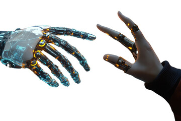 Aufkleber - A robotic hand reaching out to connect with a human hand, symbolizing the synergy between technology and humanity.