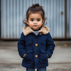 Canvas Print - A little girl standing in front of a metal building