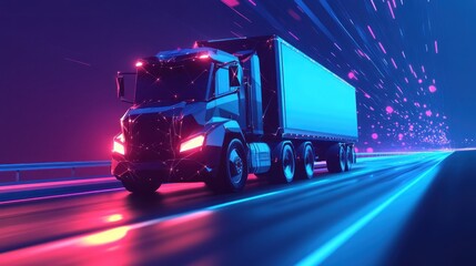 Canvas Print - Semi Truck on a Neon Highway