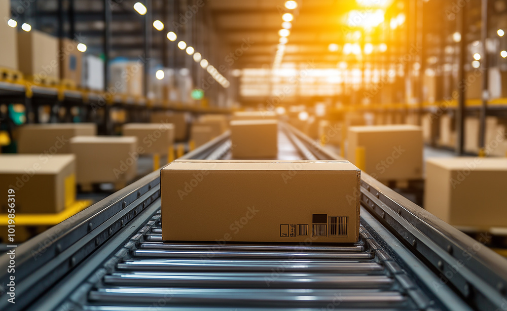 Conveyor belts moving cardboard boxes in a large warehouse under ...