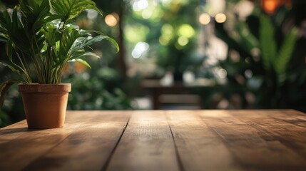 Poster - Wooden Table with a Potted Plant in a Greenhouse