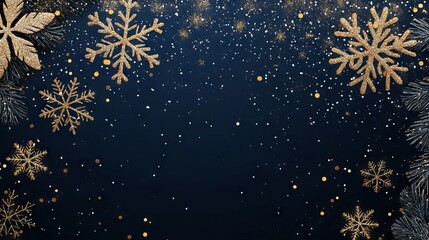 Wall Mural - festive navy blue christmas background with snowflakes and gold sequins for holiday designs