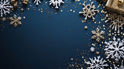 Wall Mural - festive navy blue christmas background with snowflakes and gold sequins for holiday designs