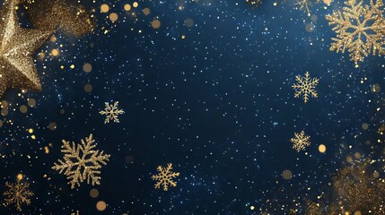 Wall Mural - festive navy blue christmas background with snowflakes and gold sequins for holiday designs