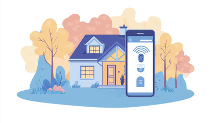 Poster - A smartphone shows a smart home system on its screen. This illustration represents how you can control your home devices using the internet. You can even use your fingerprint to access the system.
