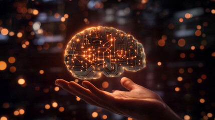 Poster - A glowing circuit board, shaped like a brain, with AI symbols hovering above a hand. This represents the powerful connection between computers and human intelligence in the digital world.