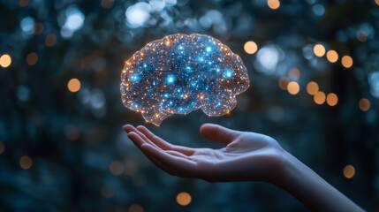 Poster - A glowing circuit board, shaped like a brain, with AI symbols hovering above a hand. This represents the powerful connection between computers and human intelligence in the digital world.