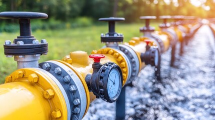 Yellow gas pipeline with valves and gauges in a rural setting.