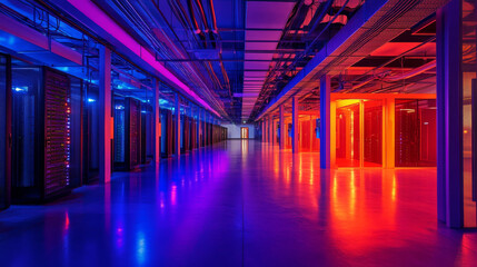 Poster - A data center is like a digital warehouse, full of servers that power the cloud. These servers connect to the internet, exchanging information and lighting up the room with their activity.