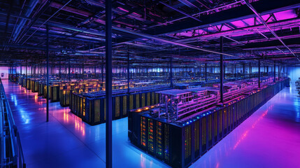 Poster - A data center is like a digital warehouse, full of servers that power the cloud. These servers connect to the internet, exchanging information and lighting up the room with their activity.