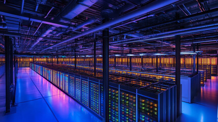 Poster - A data center is like a digital warehouse, full of servers that power the cloud. These servers connect to the internet, exchanging information and lighting up the room with their activity.