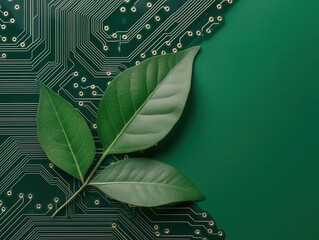 Plant leaf merging into a circuit board, suggesting a seamless blend of biological and digital worlds, green plant  circuit board, leaf-circuit merge