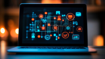 Poster - A laptop screen displays code and business icons, representing the world of software development. This image highlights the technology and creativity behind building software.