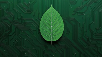 Green plant circuit board icon combining a leaf shape and circuit lines for green technology, green plant  circuit board, leaf circuit icon