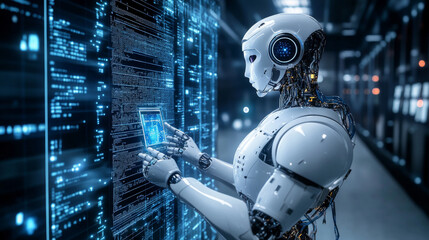 Poster - A robot with artificial intelligence stands facing away from us, working with a 3D virtual screen. Its robotic hand touches a button on the holographic display.  The robot's AI focuses on the monitor.
